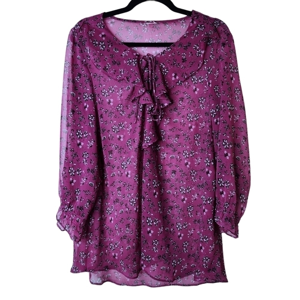 BURGUNDY PLUM FLORAL CHIFFON SHEER BLOUSE